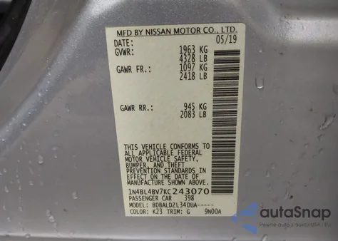 2019 Nissan Altima 2.5 S from USA, damaged, VIN 1N4BL4BV7KC243070